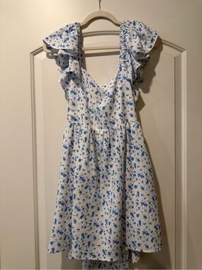 Francesca's Collections White Dress with Blue Floral Ruffles
